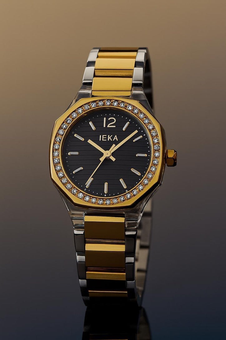 IEKI hexagon crystal black dial woman watch  water proof and butterfly look