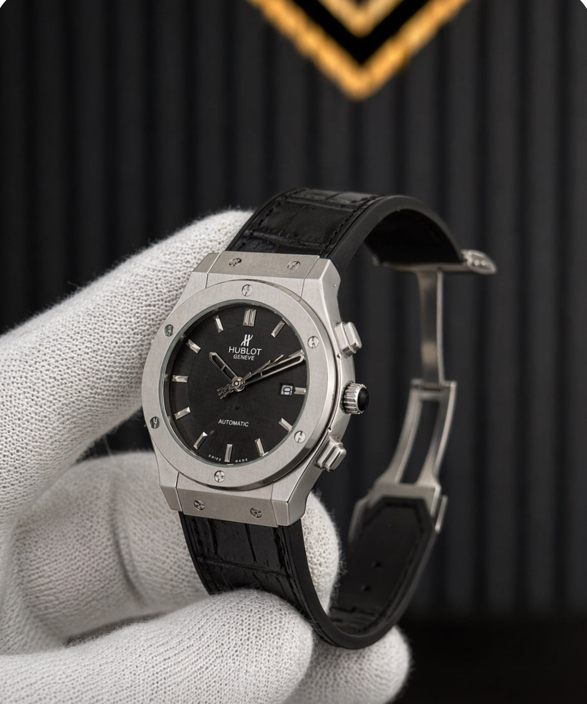 Luxury Black Dial A Watch – Stainless Steel Case | Premium Leather Strap | Elegant Men’s Designer Watch