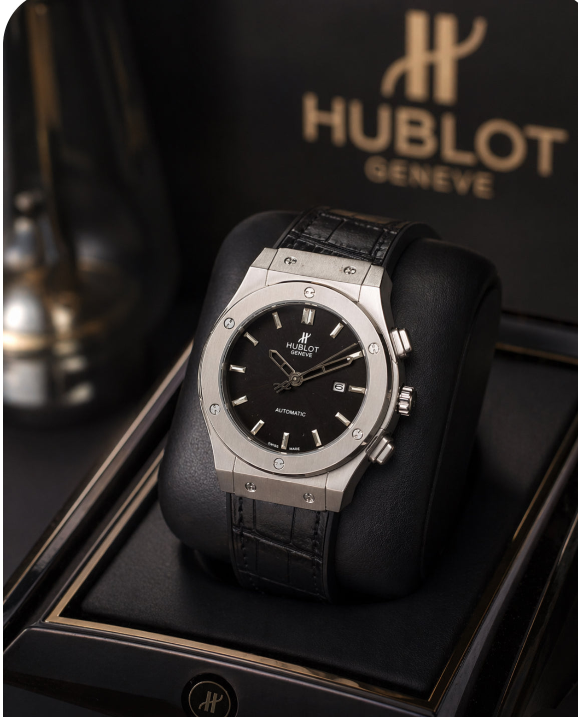 Luxury Black Dial A Watch – Stainless Steel Case | Premium Leather Strap | Elegant Men’s Designer Watch