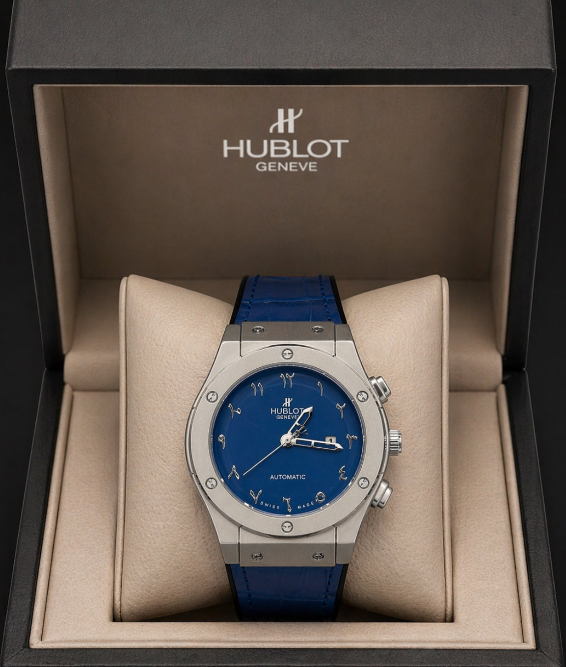 Luxury Blue Dial Watch – Stainless Steel Case | Premium Leather Strap | Elegant Designer Timepiece