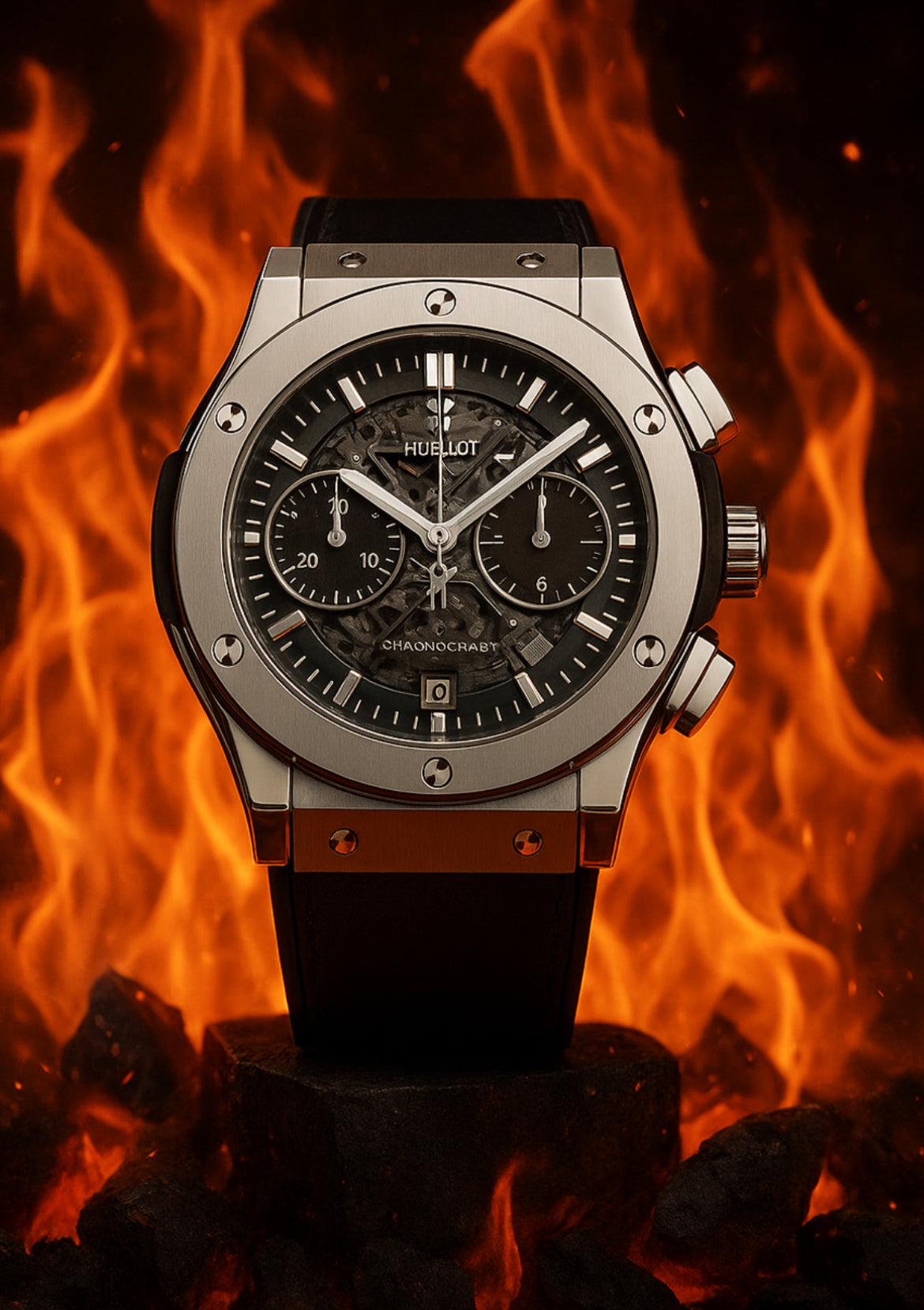 hublot classic fusion skeleton dial and date working with black strap